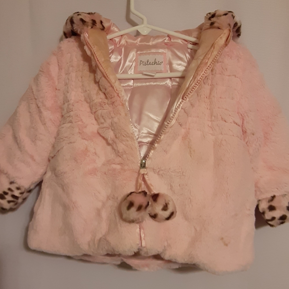 18M Pink Pistachio Faux Fur Coat w/Leopard Trim